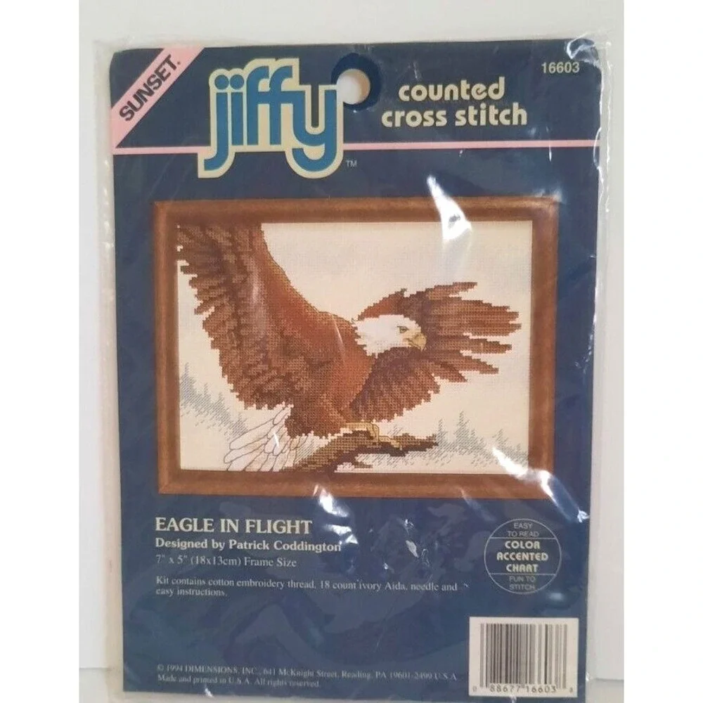 Sunset Jiffy Eagle in Flight Counted Cross Stitch Kit 16603 Vintage‎ 1994 5x7